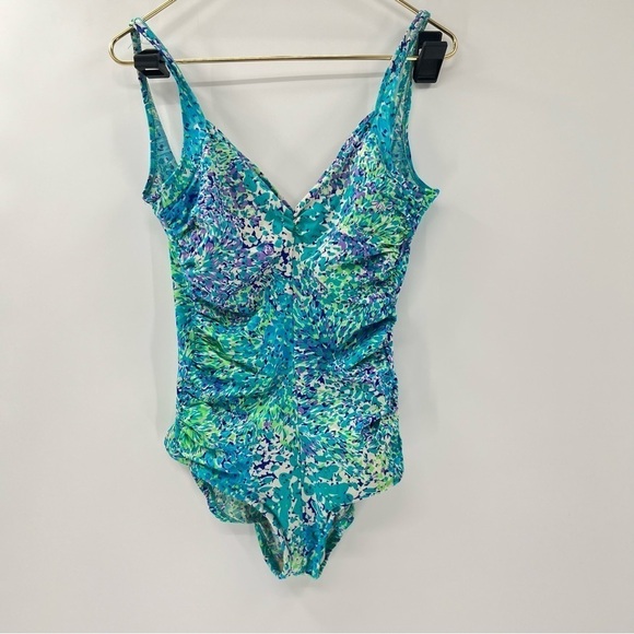 Gabar Vintage Blue Floral Print V-Neck One-Piece Full Coverage Swimsuit Size 12 - Picture 2 of 11